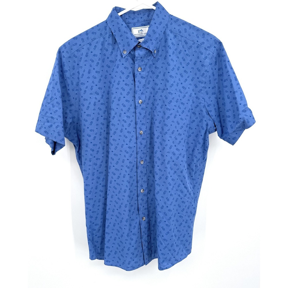Southern‎ Tide Shirt Size Men Medium Blue With Pineapple Cherries Oranges SS